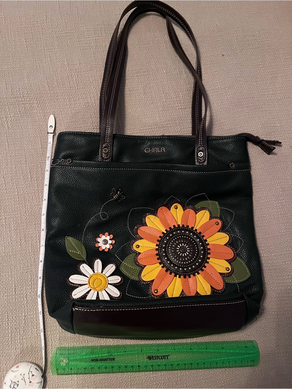 Chala Dark Blue Tote with Orange and Yellow Floral Appliqué
